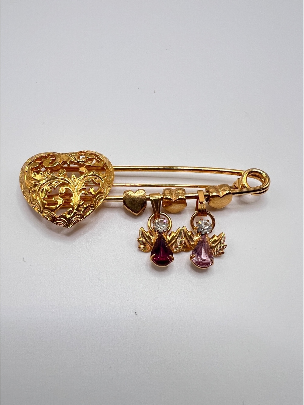 Gold Tone Safety Pin Brooch Filigree Heart Angel Charms Pink Rhinestones